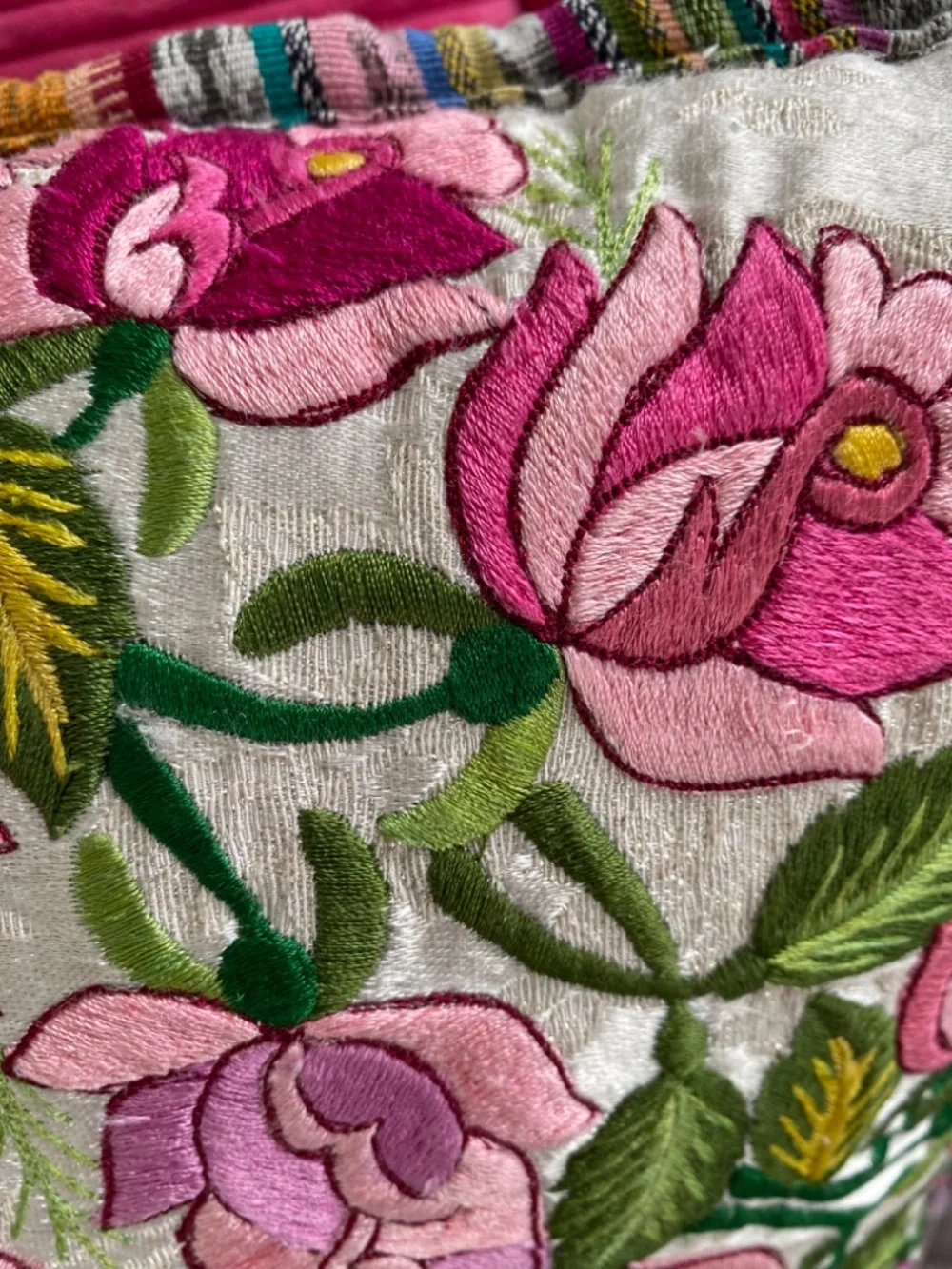 Flowered Pillow, Cushion, Embroidered Asian Design. Square. Washable. Zipper